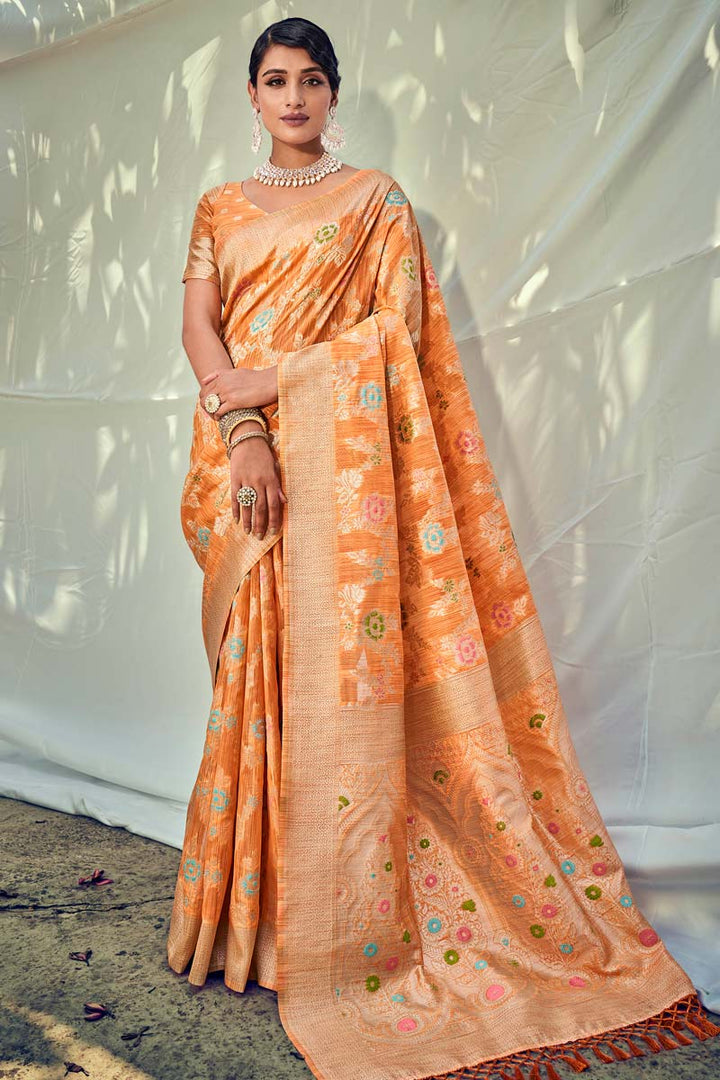 Art Silk Fabric Orange Color Festive Wear Saree With Dazzling Weaving Work