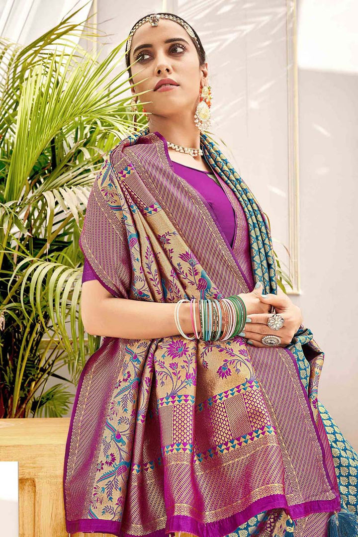 Cyan Color Festival Wear Wonderful Banarasi Style Saree With Weaving Work In Art Silk Fabric