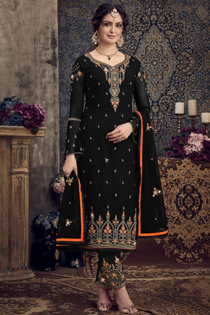 Georgette Fabric Black Color Festival Wear Solid Embroidered Salwar Suit