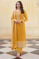 Load image into Gallery viewer, Appealing Embroidered Work On Yellow Color Art Silk Fabric Function Wear Salwar Suit Featuring Prachi Desai
