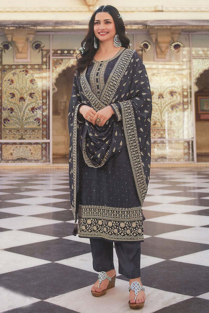 Captivating Embroidered Work On Art Silk Fabric Dark Grey Color Function Wear Salwar Suit Featuring Prachi Desai