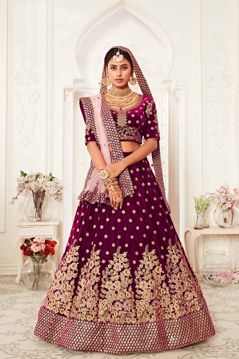 Velvet Fabric Purple Color Wedding Wear Embroidered Stylish Lehenga Choli