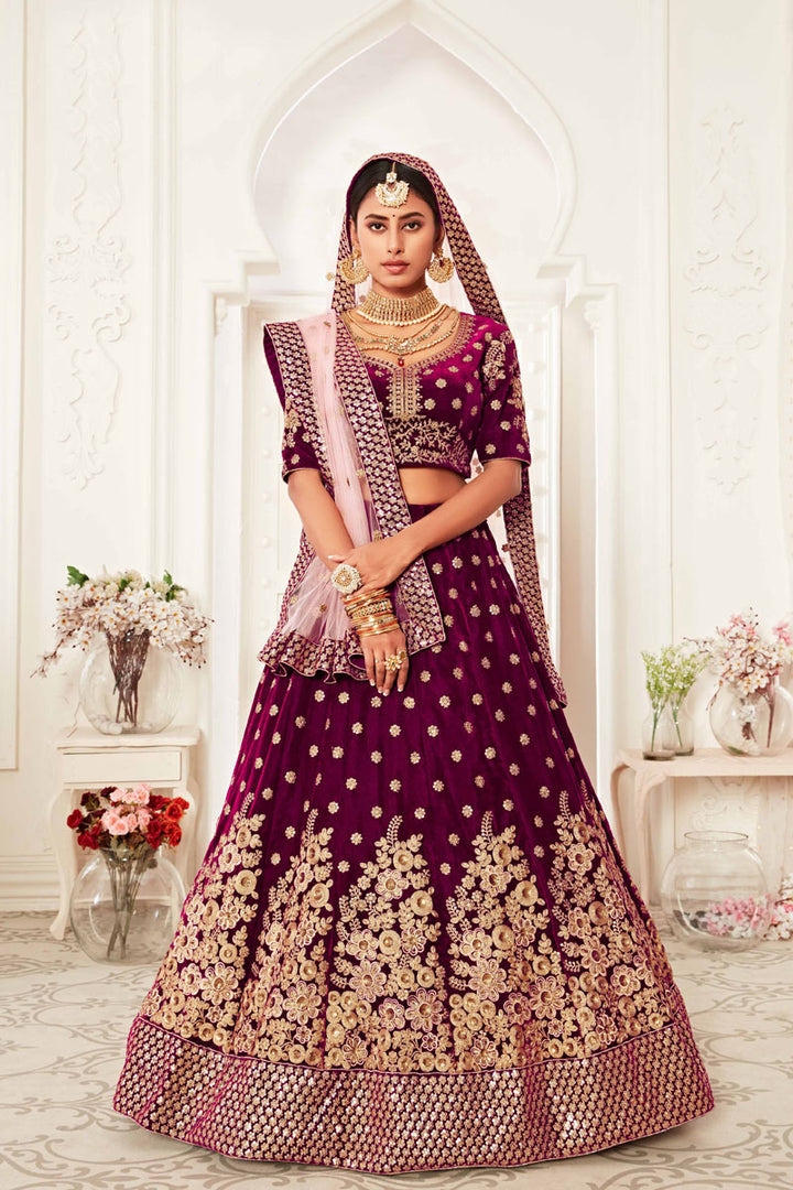 Velvet Fabric Purple Color Wedding Wear Embroidered Stylish Lehenga Choli
