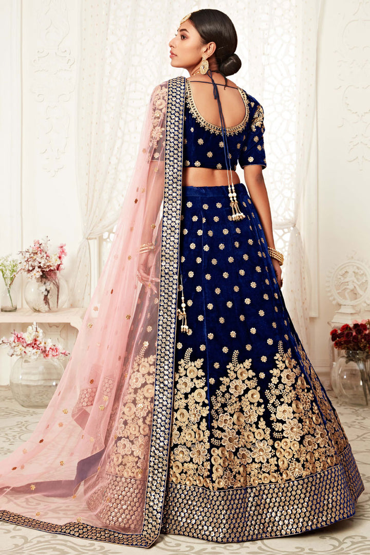 Sangeet Wear Velvet Fabric Embroidered Blue Color Designer Lehenga Choli