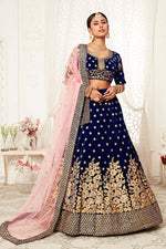 Load image into Gallery viewer, Sangeet Wear Velvet Fabric Embroidered Blue Color Designer Lehenga Choli
