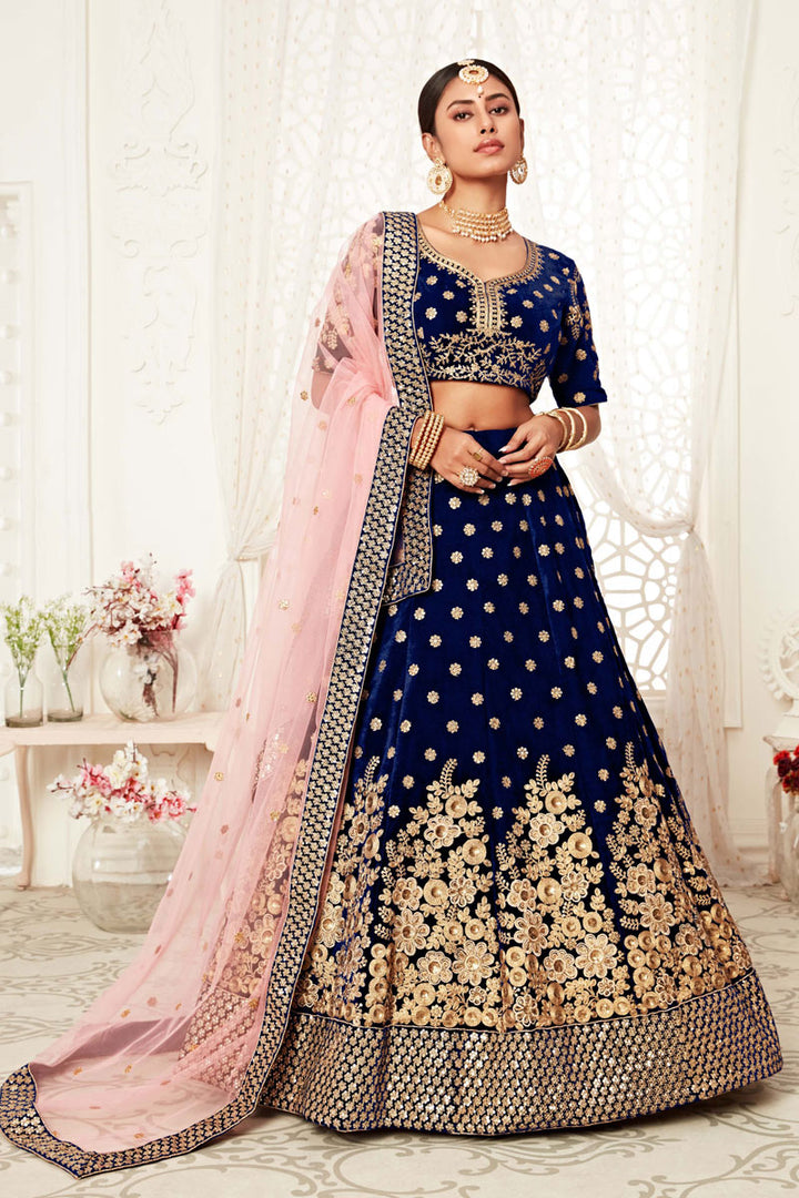 Sangeet Wear Velvet Fabric Embroidered Blue Color Designer Lehenga Choli