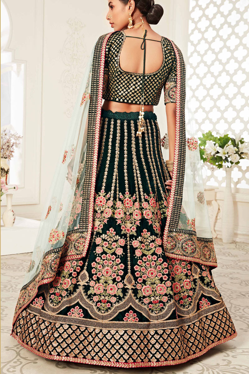 Dark Green Color Velvet Fabric Sangeet Wear Embroidered Lehenga Choli