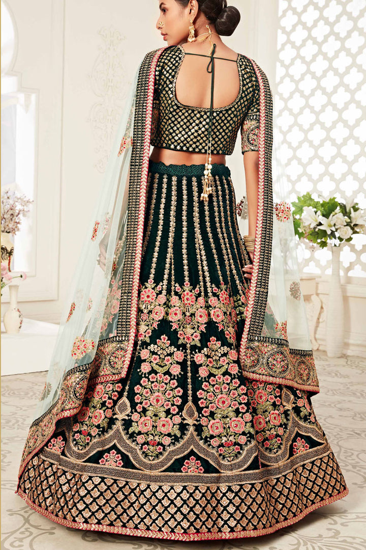 Dark Green Color Velvet Fabric Sangeet Wear Embroidered Lehenga Choli