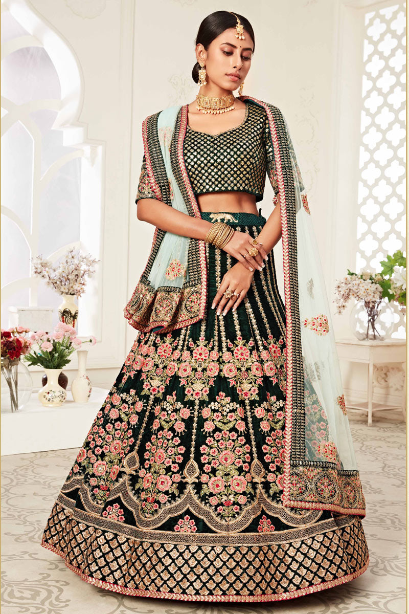 Dark Green Color Velvet Fabric Sangeet Wear Embroidered Lehenga Choli