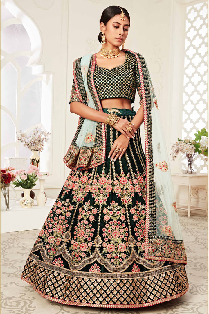 Dark Green Color Velvet Fabric Sangeet Wear Embroidered Lehenga Choli