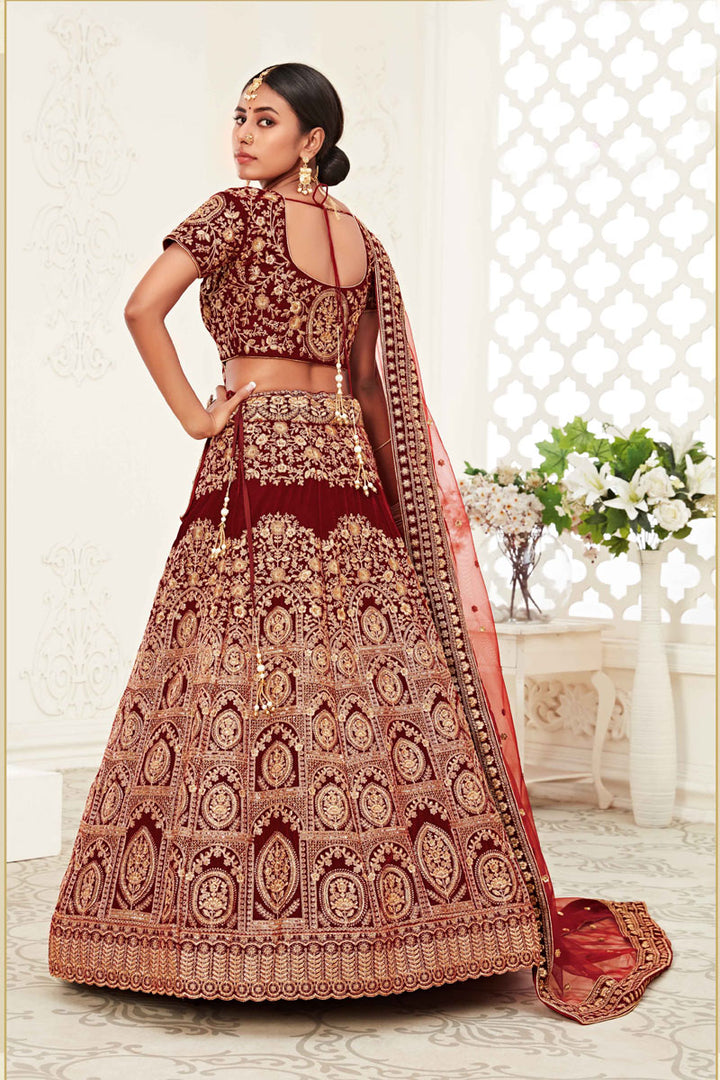 Red Color Reception Wear Velvet Fabric Embroidered Lehenga Choli