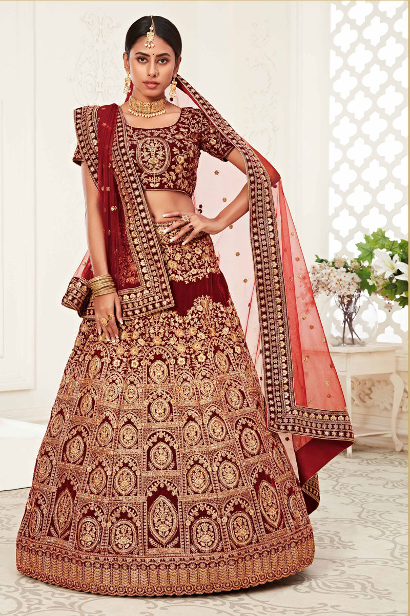 Red Color Reception Wear Velvet Fabric Embroidered Lehenga Choli