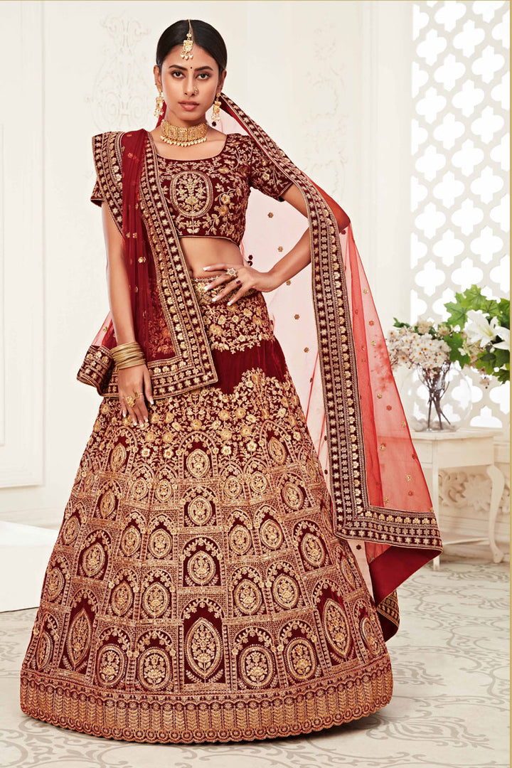 Red Color Reception Wear Velvet Fabric Embroidered Lehenga Choli
