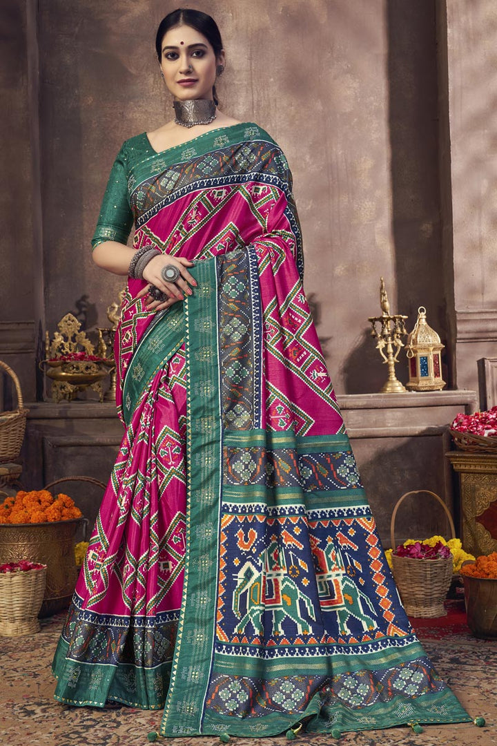 Rani Color Art Silk Fabric Sangeet Wear Patola Printed Swanky Saree