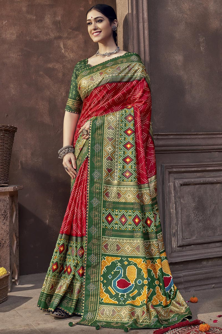Red Color Sangeet Wear Art Silk Fabric Patola Printed Work Awesome Saree