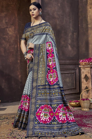 Art Silk Fabric Sangeet Wear Grey Color Patola Printed Work Stunning Saree