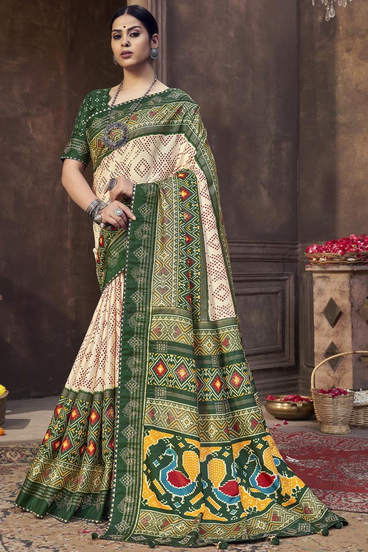 Sangeet Wear Beige Color Patola Printed Work Delicate Saree In Art Silk Fabric