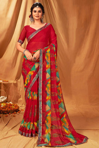 Red Color Printed Work On Chiffon Fabric Casual Wear Stunning Saree