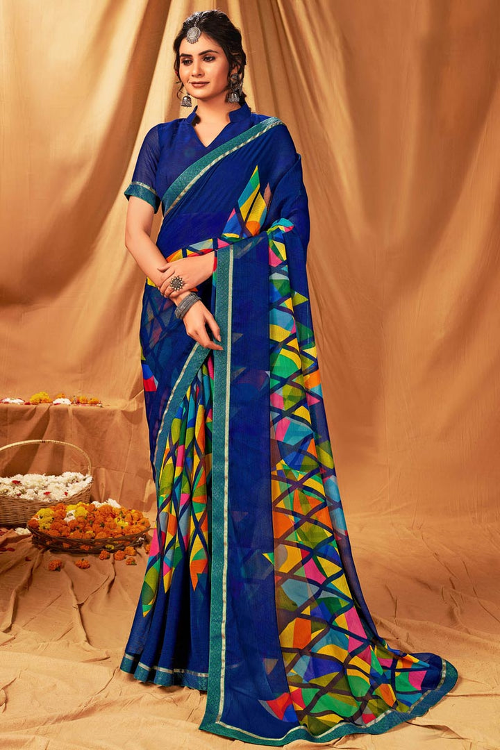 Beguiling Printed Work On Blue Color Chiffon Fabric Daily Wear Saree
