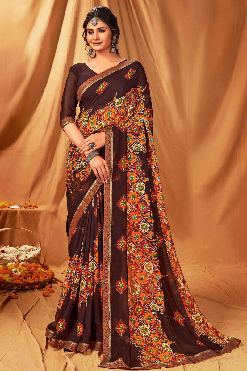 Chiffon Fabric Brown Color Casual Wear Delicate Saree With Printed Work