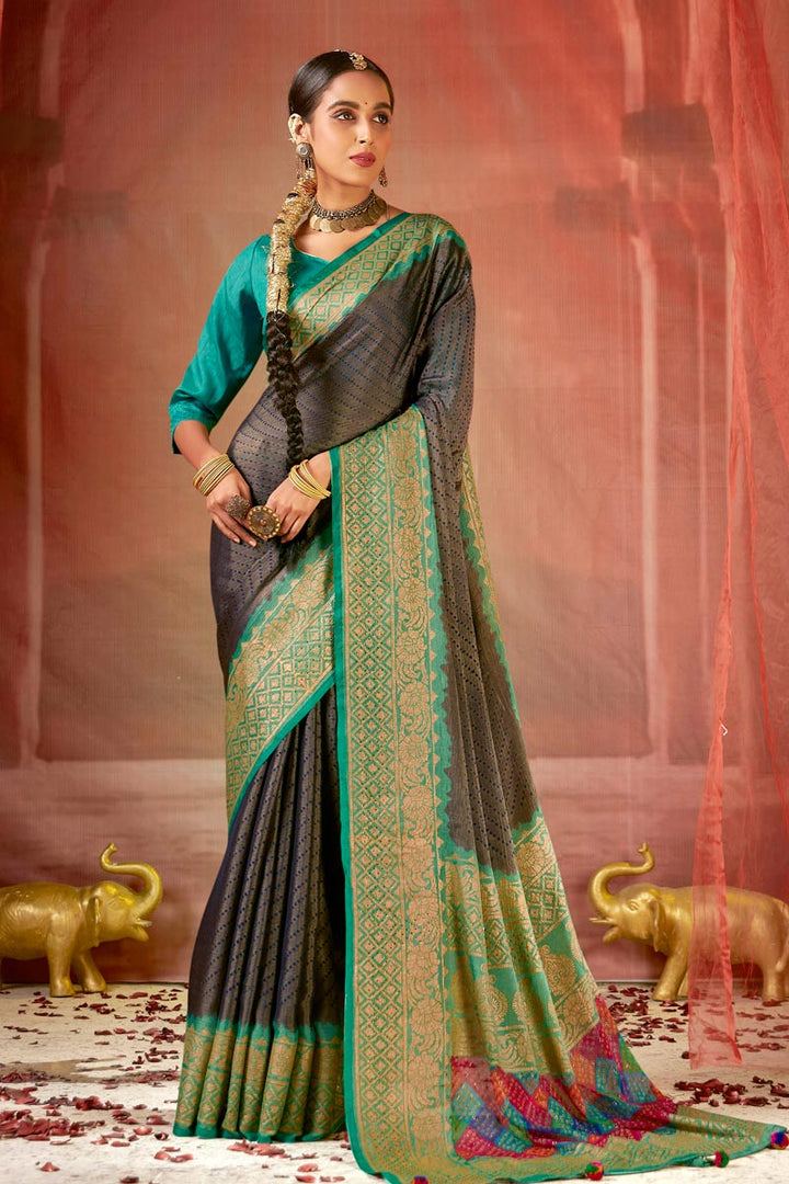 Engrossing Brasso Fabric Daily Wear Saree With Foil Printed Work In Brown Color