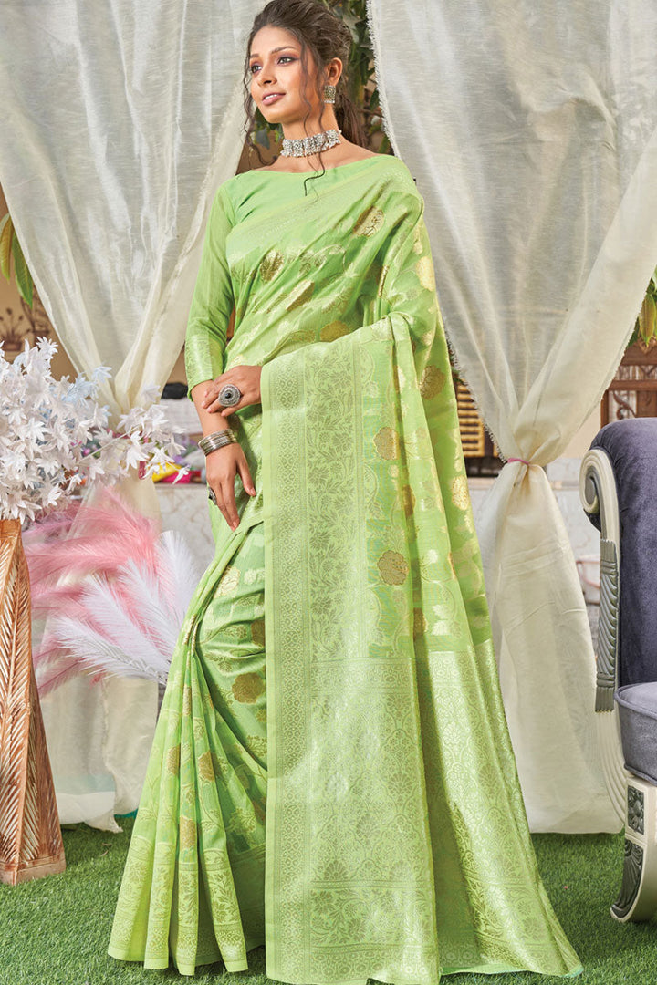 Party Wear Green Color Weaving Work Inventive Saree In Cotton Fabric