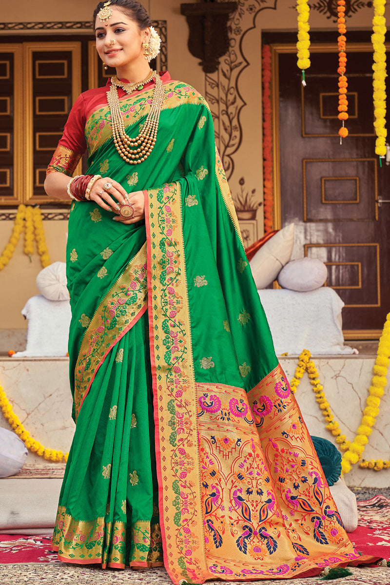 Weaving Designs On Paithani Art Silk Fabric Festival Wear Superior Saree In Green Color