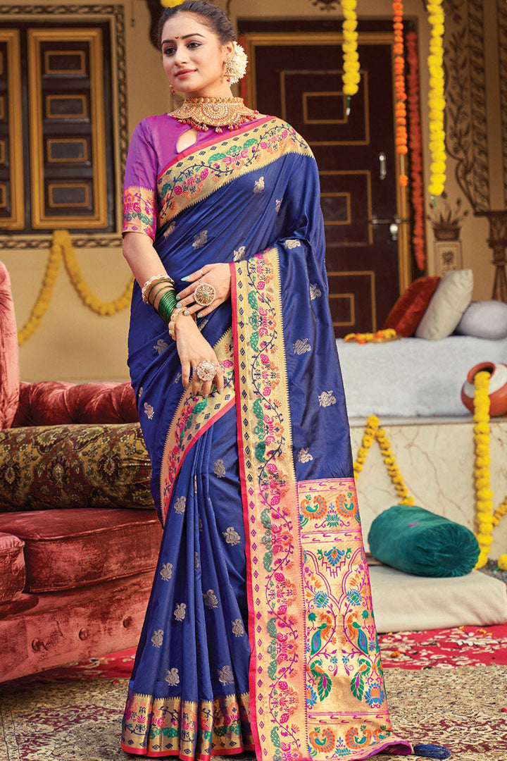 Weaving Work Blue Color Paithani Art Silk Fabric Adorning Festival Wear Saree