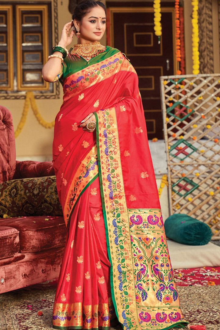 Weaving Designs On Red Color Paithani Art Silk Fabric Festival Wear Remarkable Saree