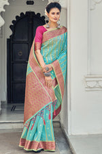 Load image into Gallery viewer, Organza Fabric Cyan Color Festival Wear Saree With Imperial Weaving Work
