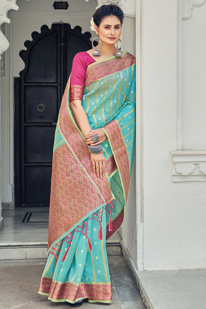 Organza Fabric Cyan Color Festival Wear Saree With Imperial Weaving Work