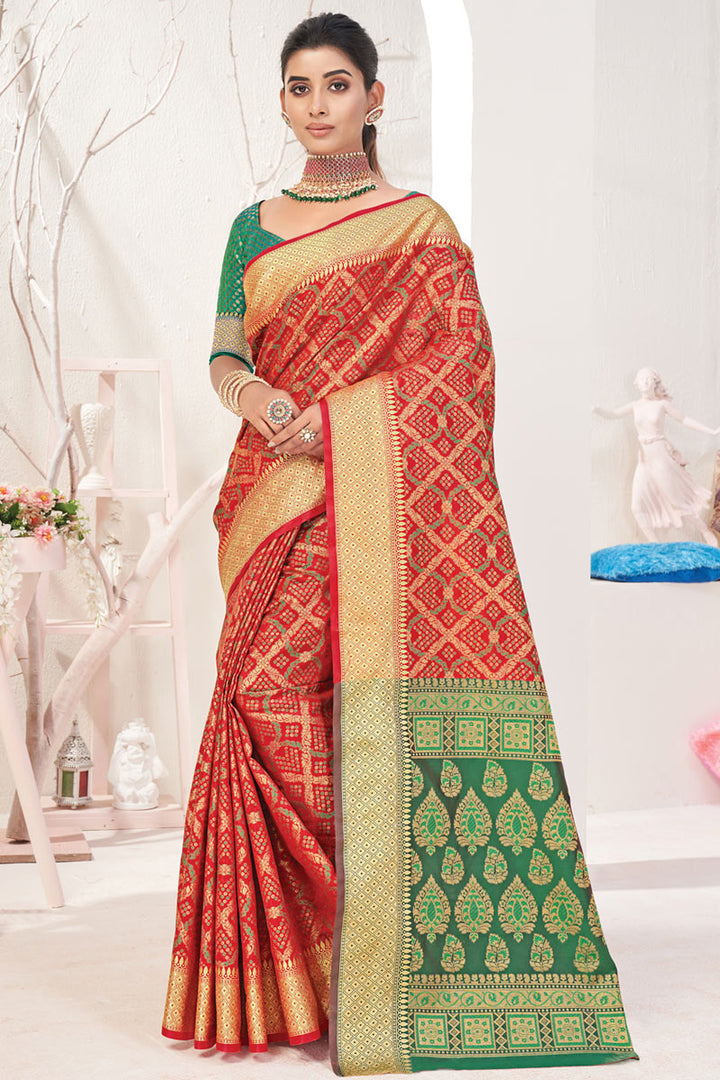 Red Color Patola Style Art Silk Fabric Festival Style Festival Wear Saree With Jacquard Work