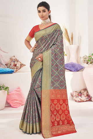 Patola Style Art Silk Fabric Festival Wear Grey Color Saree With Fascinating Jacquard Work