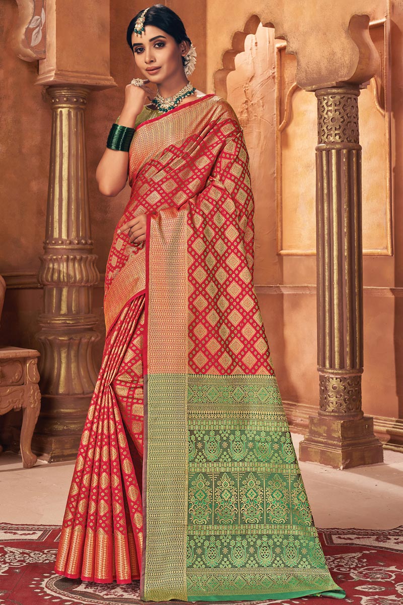 Tempting Art Silk Fabric Red Color Festival Wear Patola Style Saree With Jacquard Work