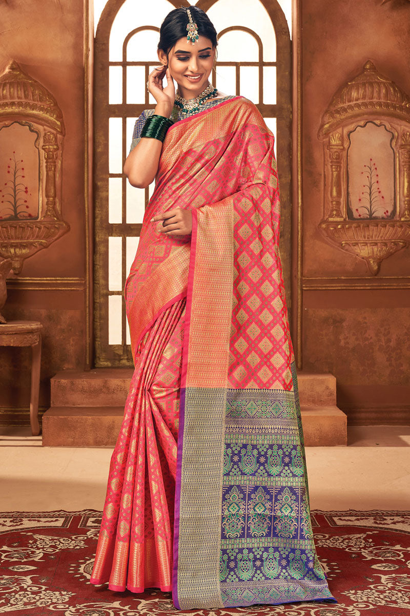 Radiant Peach Color Art Silk Fabric Festival Wear Patola Style Saree With Jacquard Work