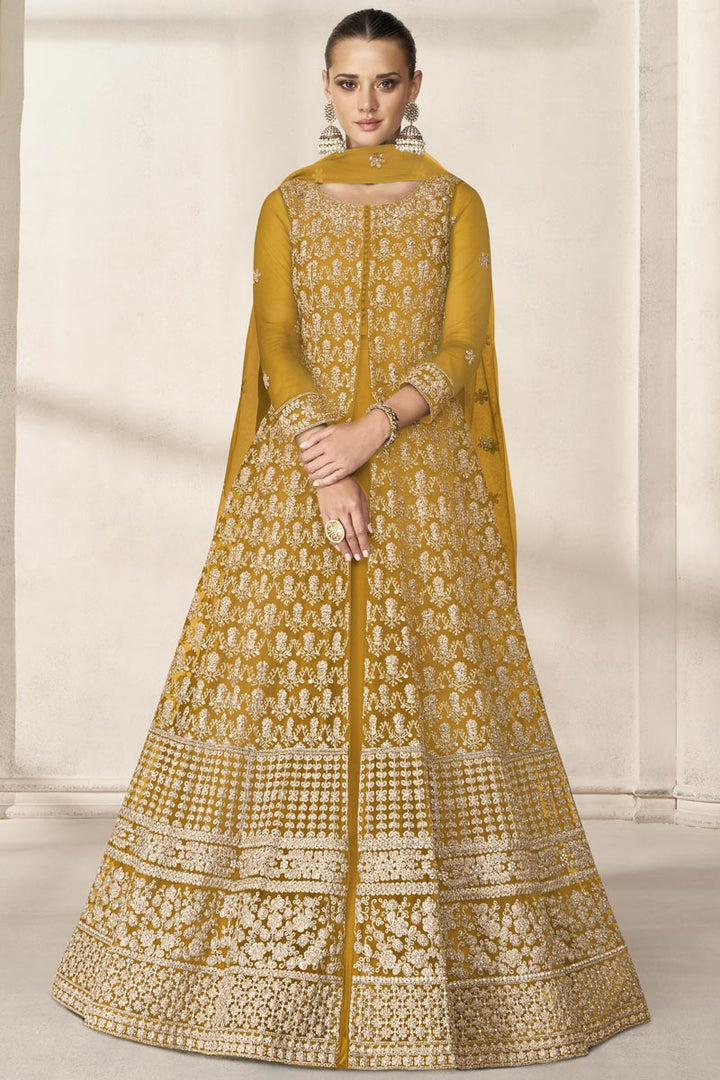 Yellow Color Embroidered Work Net Fabric Splendid Anarkali Suit