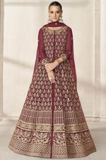 Load image into Gallery viewer, Embroidered Work Maroon Color Net Fabric Charming Anarkali Suit
