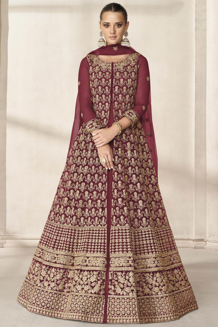 Embroidered Work Maroon Color Net Fabric Charming Anarkali Suit