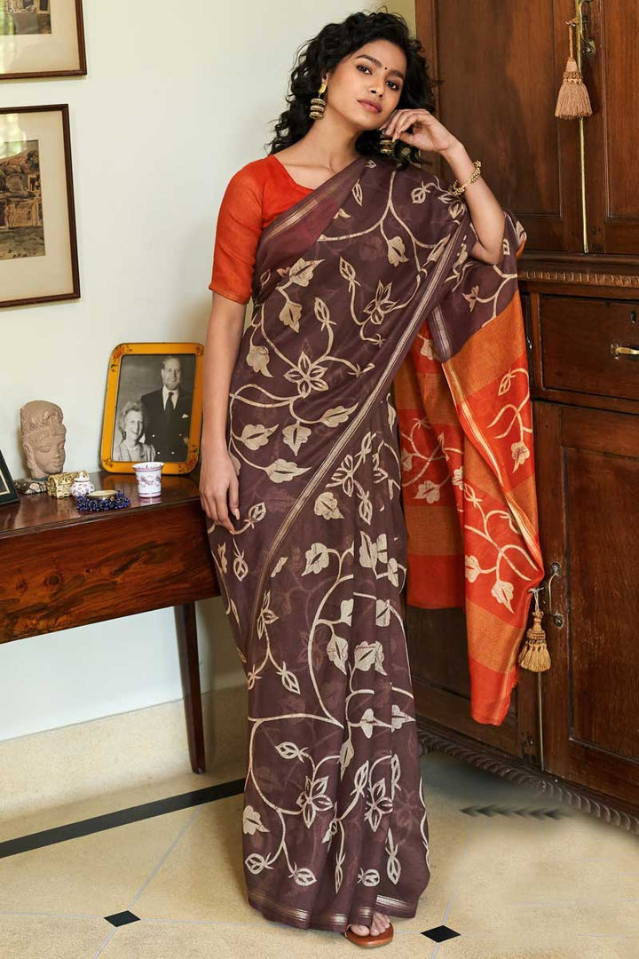 Printed Work Casual Wear Brown Color stylish Saree In Linen Fabric