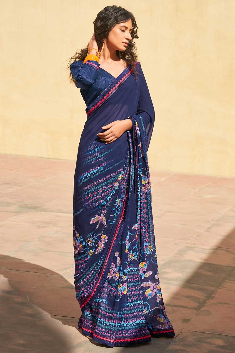 Navy Blue Color Daily Wear Georgette Fabric Saree With Tempting Floral Printed Work