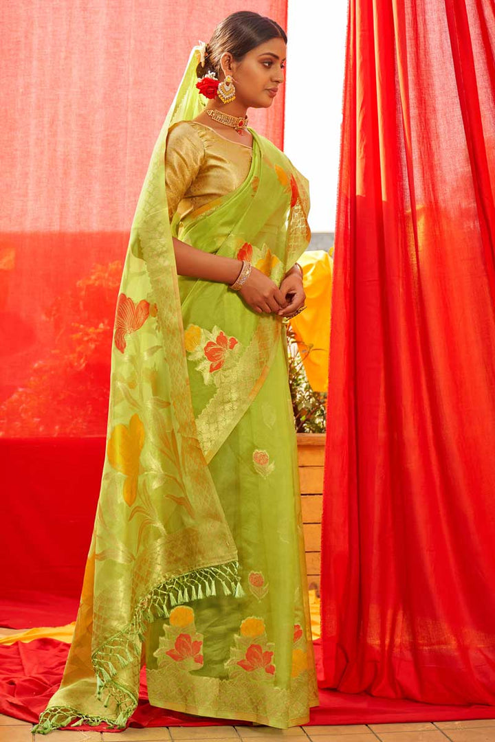 Green Color Organza Fabric Sangeet Wear Weaving Work Imposing Saree