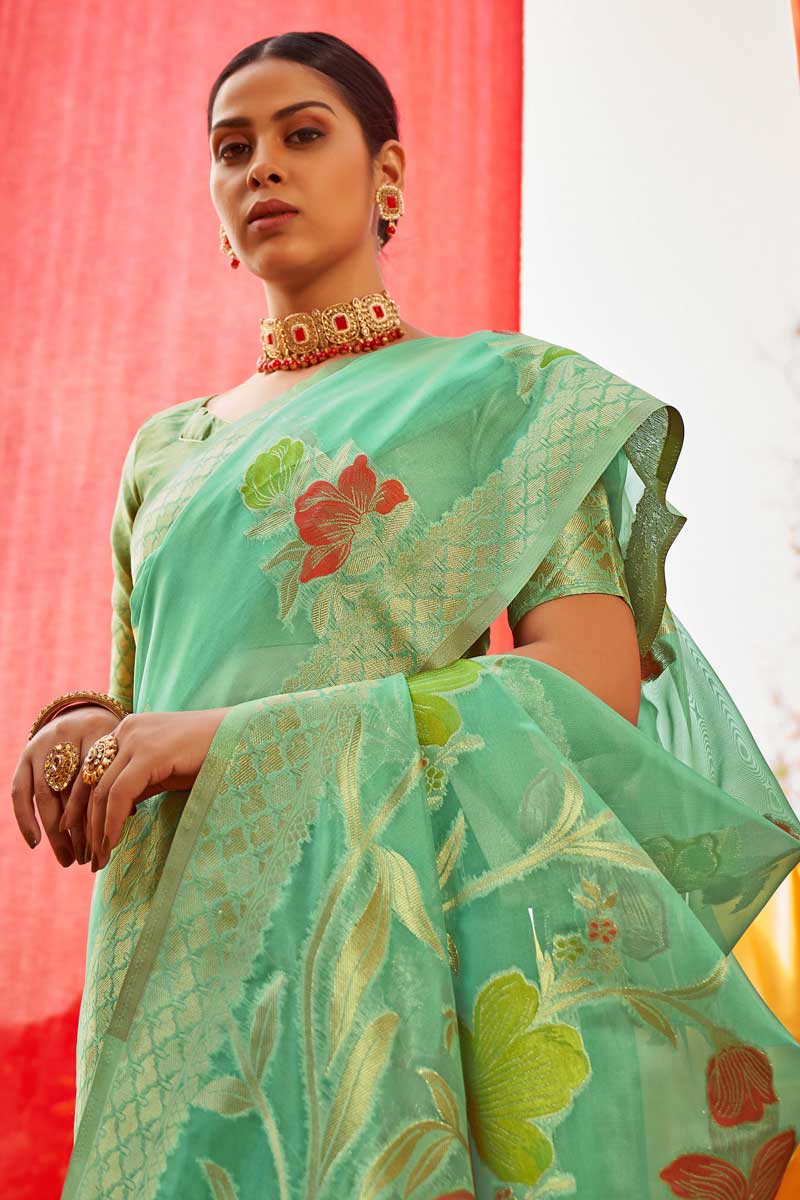 Supreme Organza Fabric Sangeet Wear Sea Green Color Weaving Work Saree