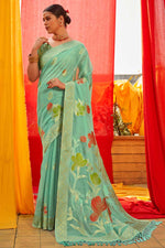 Load image into Gallery viewer, Supreme Organza Fabric Sangeet Wear Sea Green Color Weaving Work Saree

