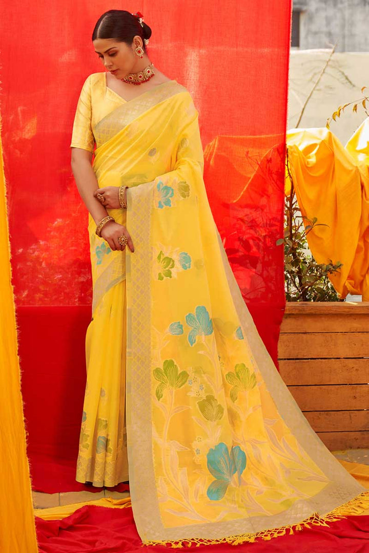 Yellow Color Sangeet Wear Weaving Work Organza Fabric Splendid Saree