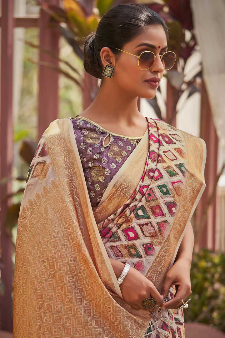 Art Silk Fabric Sangeet Wear Printed Work Splendid Saree In Multi Color