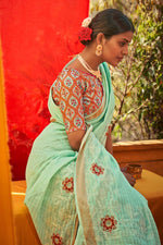 Load image into Gallery viewer, Cyan Color Embroidered Work Linen Fabric Splendid Saree In Festival Wear
