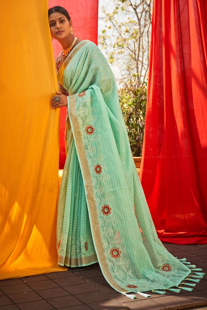 Cyan Color Embroidered Work Linen Fabric Splendid Saree In Festival Wear