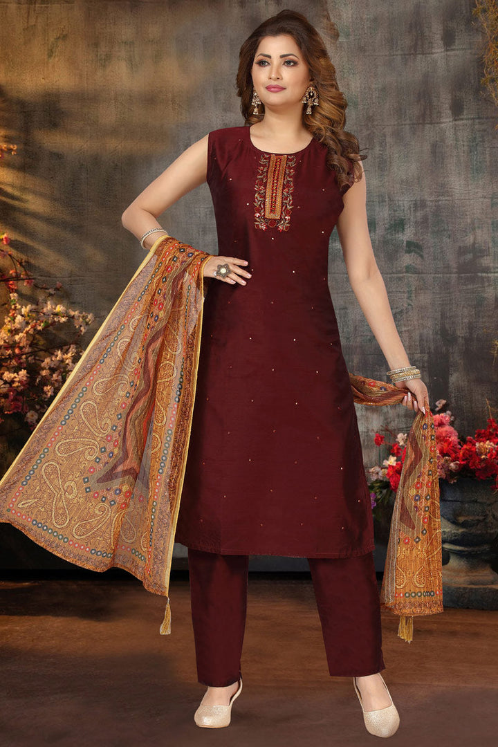Festival Wear Art Silk Fabric Brown Color Stunning Salwar Suit With Embroidered Work