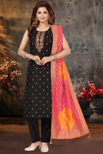 Load image into Gallery viewer, Black Color Festival Wear Salwar Suit With Embroidered Work In Charming Art Silk Fabric
