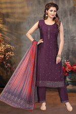 Load image into Gallery viewer, Incredible Art Silk Fabric Festival Wear Wine Color Salwar Suit With Embroidered Work
